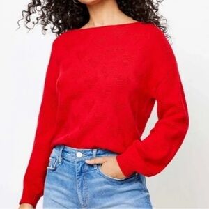 Loft red heart print bateau neck sweater balloon long sleeve cotton blend Sz XS